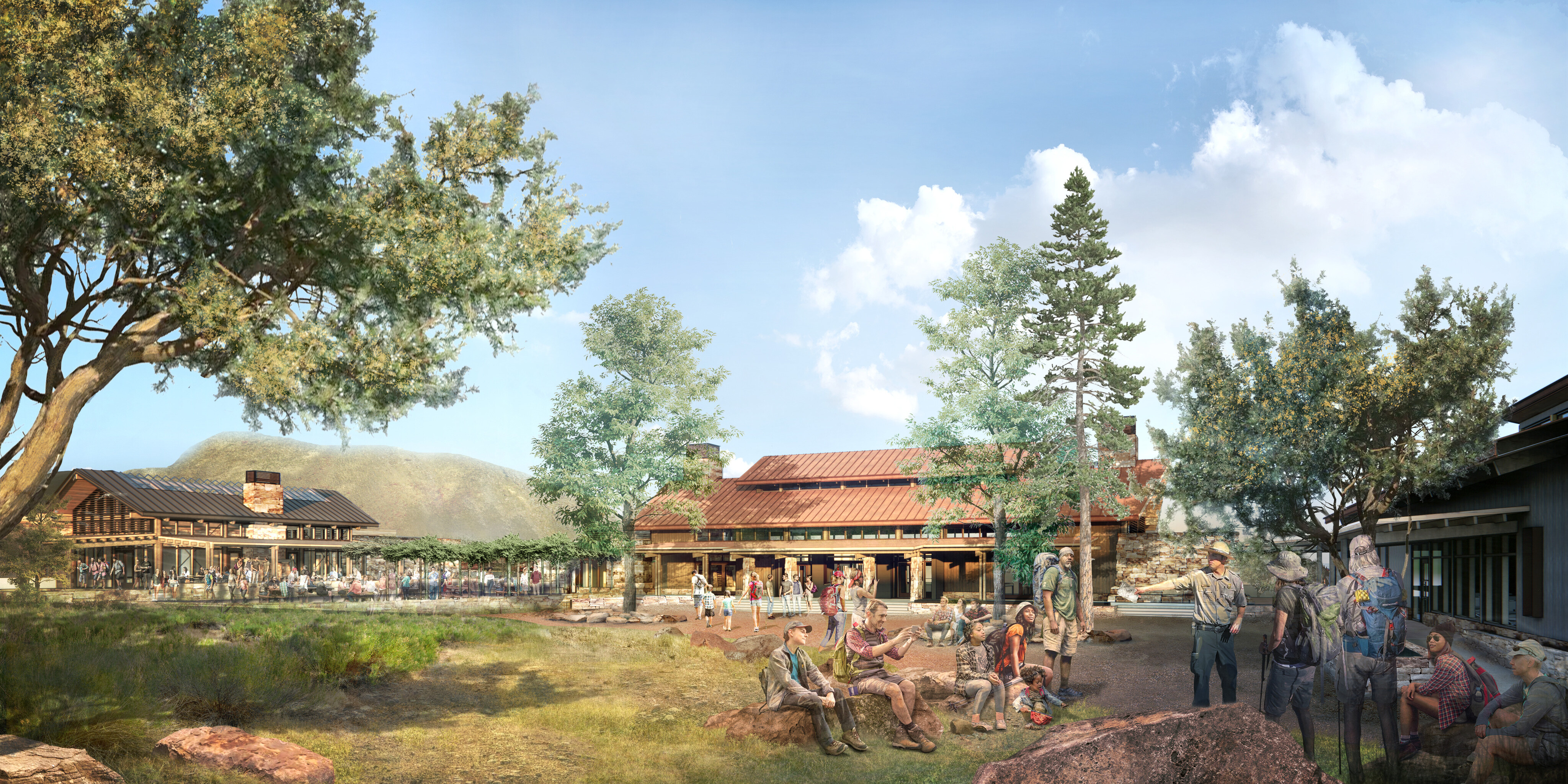 Outdoor community gathering with several people sitting and standing near buildings surrounded by trees and mountains under a partly cloudy sky. The word "OVERLAND" is visible in the bottom right corner, reminiscent of a serene scene at Zion National Park's Discovery Center.