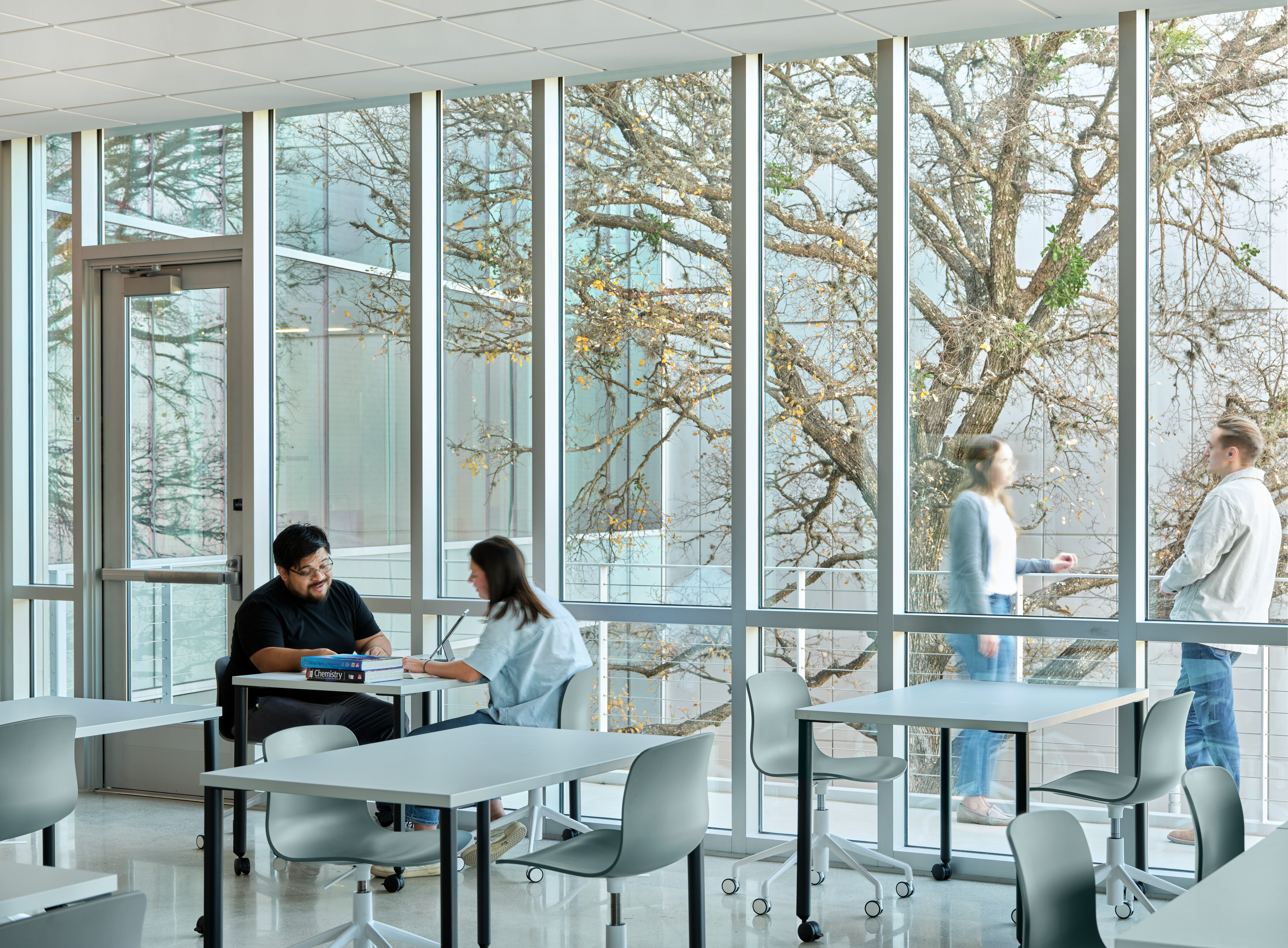 In the STEM Center at Northwest Vista College, two people sit at a table talking, while two others interact near a large window in the modern room filled with tables and chairs. Trees and outdoor scenery from Alamo Colleges are visible through the window.