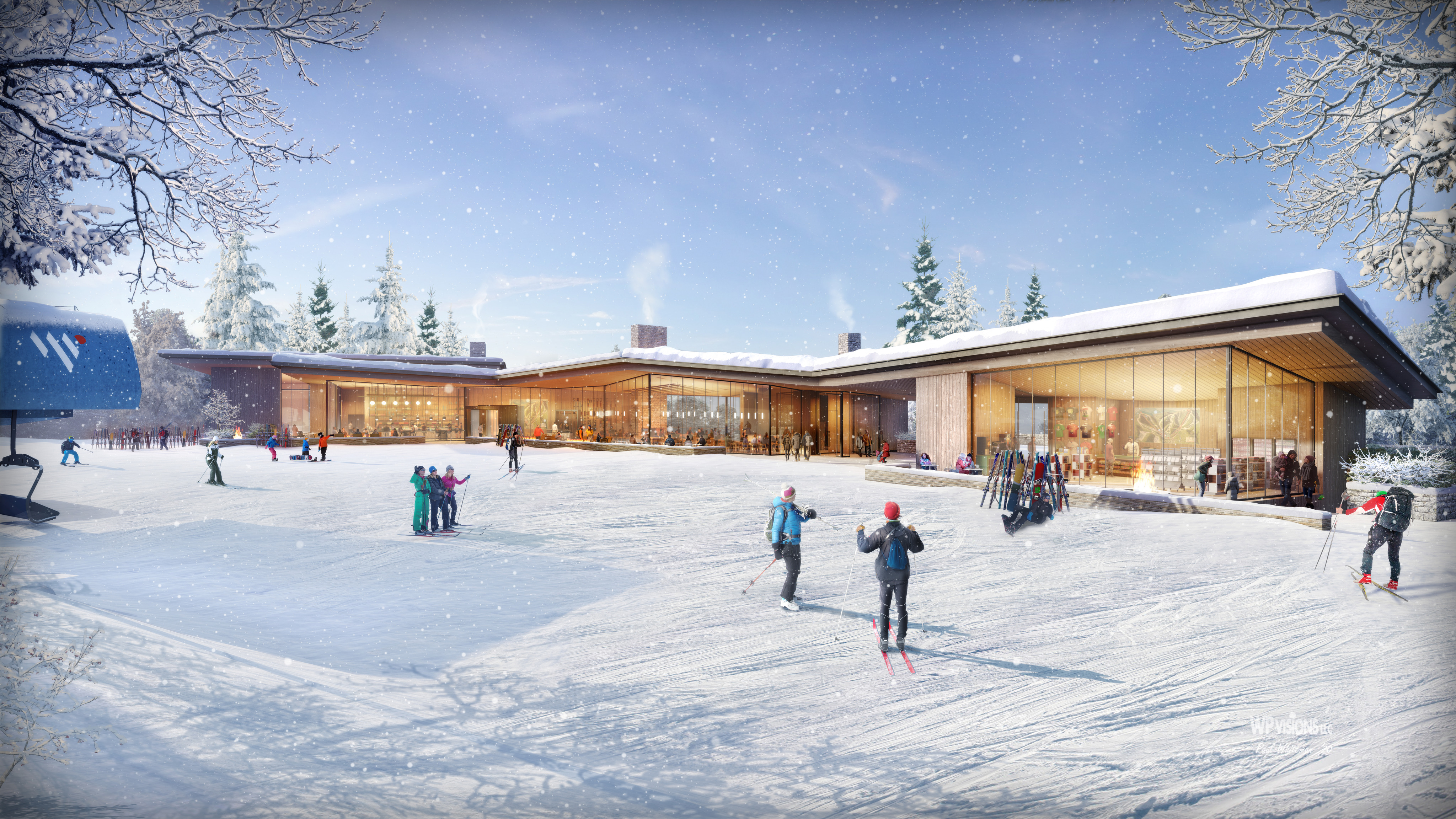 A modern ski lodge in a snowy landscape with several people skiing and snowboarding, framed by snow-covered trees and a clear blue sky, nestled in the stunning Wasatch Peaks.