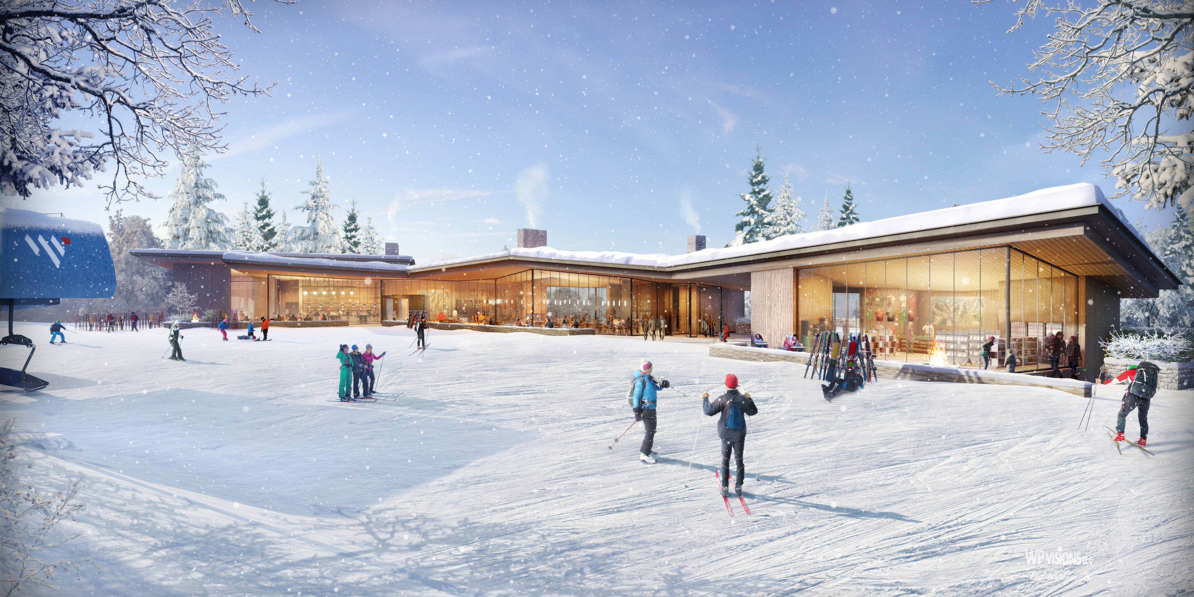 People skiing and socializing outside a modern, snow-covered ski lodge at the Wasatch Peaks Private Ski Resort, surrounded by trees on a sunny day.