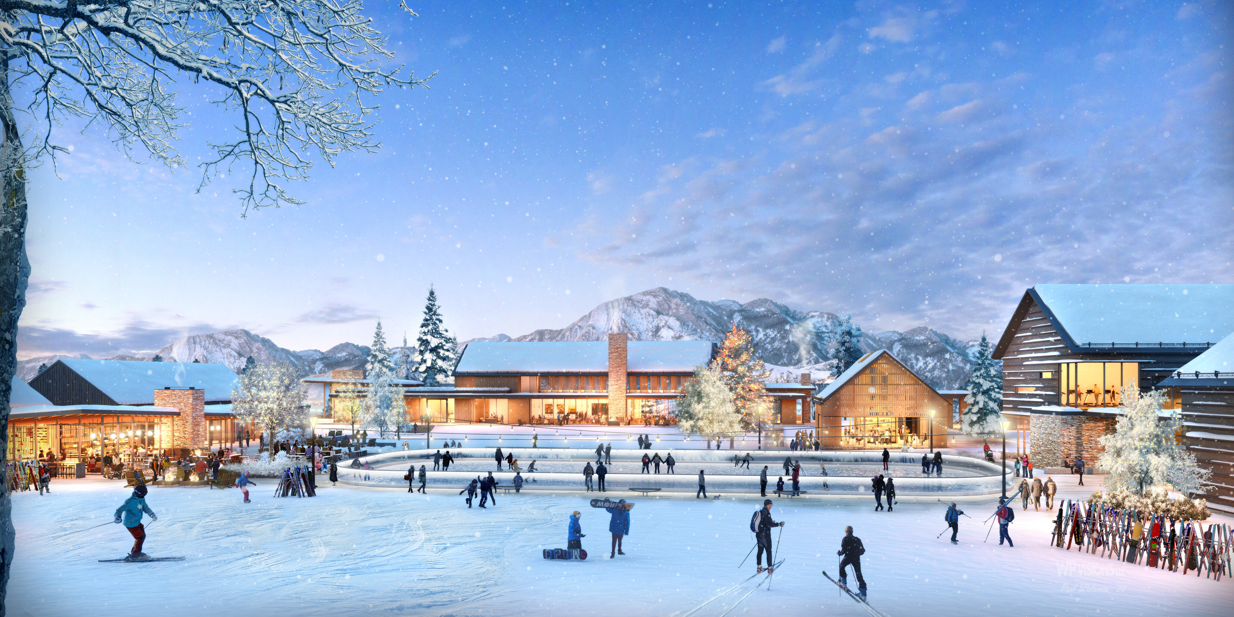 People are ice skating and walking in a snowy outdoor rink area surrounded by log-style buildings and snow-covered trees, with the majestic Wasatch Peaks in the background under a clear blue sky. This picturesque scene is set within an exclusive private ski and golf resort.