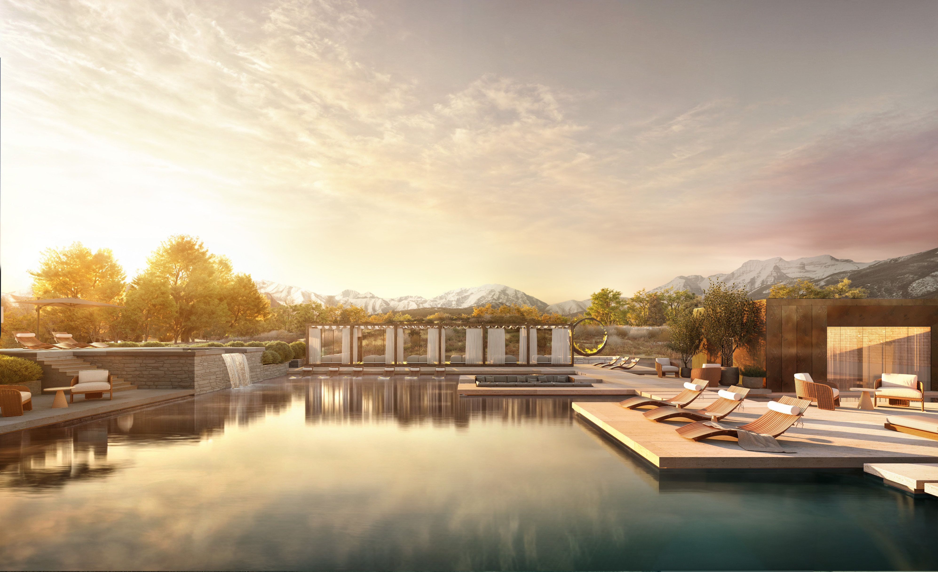 Outdoor swimming pool with lounge chairs, cabanas, and mountain views at sunset creates a serene home retreat. Trees and shrubs surround the pool area as the water reflects the sky's golden hues.