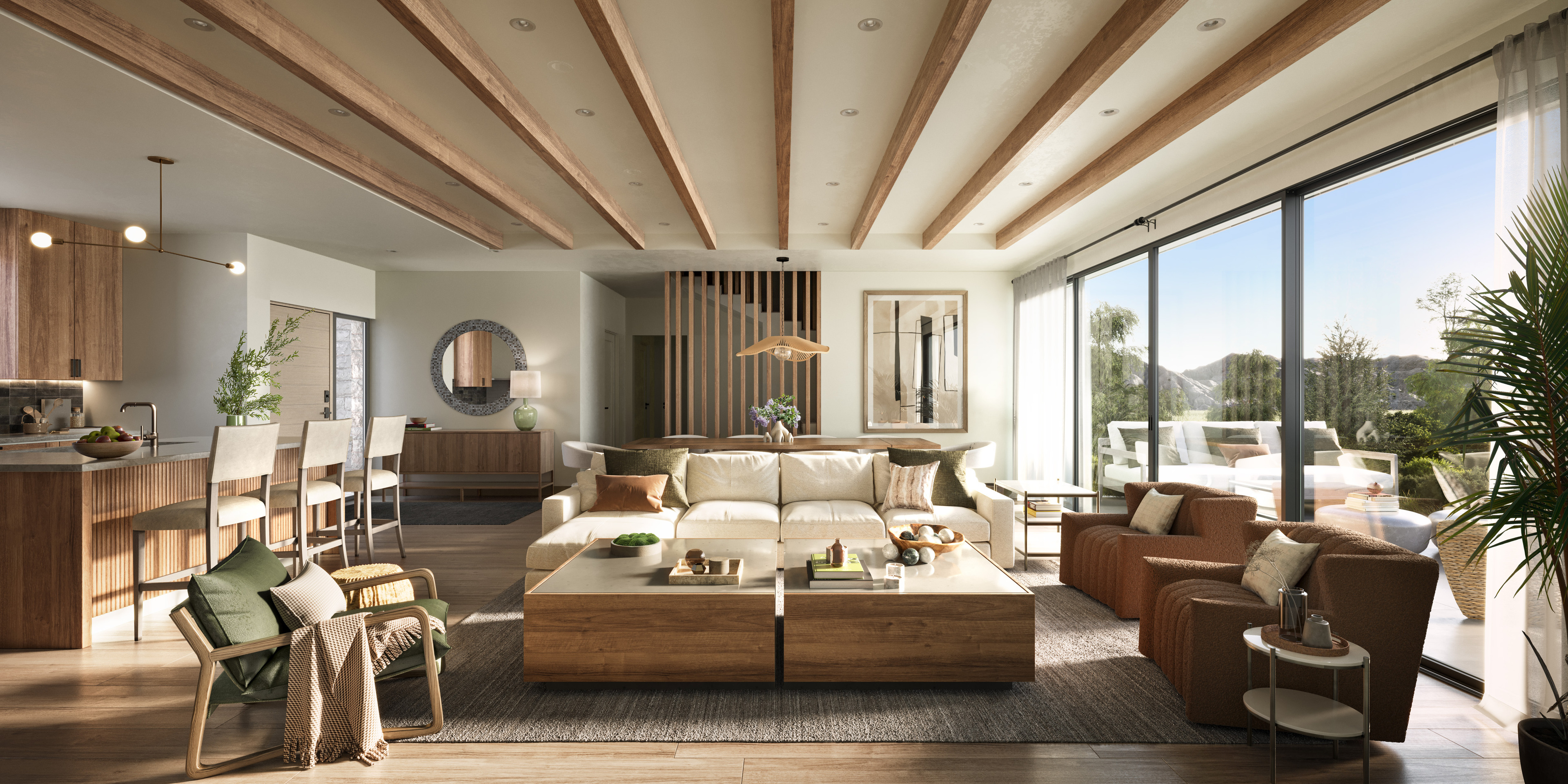 A modern open-concept living room and kitchen with wooden accents, beige sofas, green and orange chairs, large windows, and natural light. Reminiscent of the AMEYALLI Resort experience, outside there's a spacious balcony with stylish outdoor furniture.