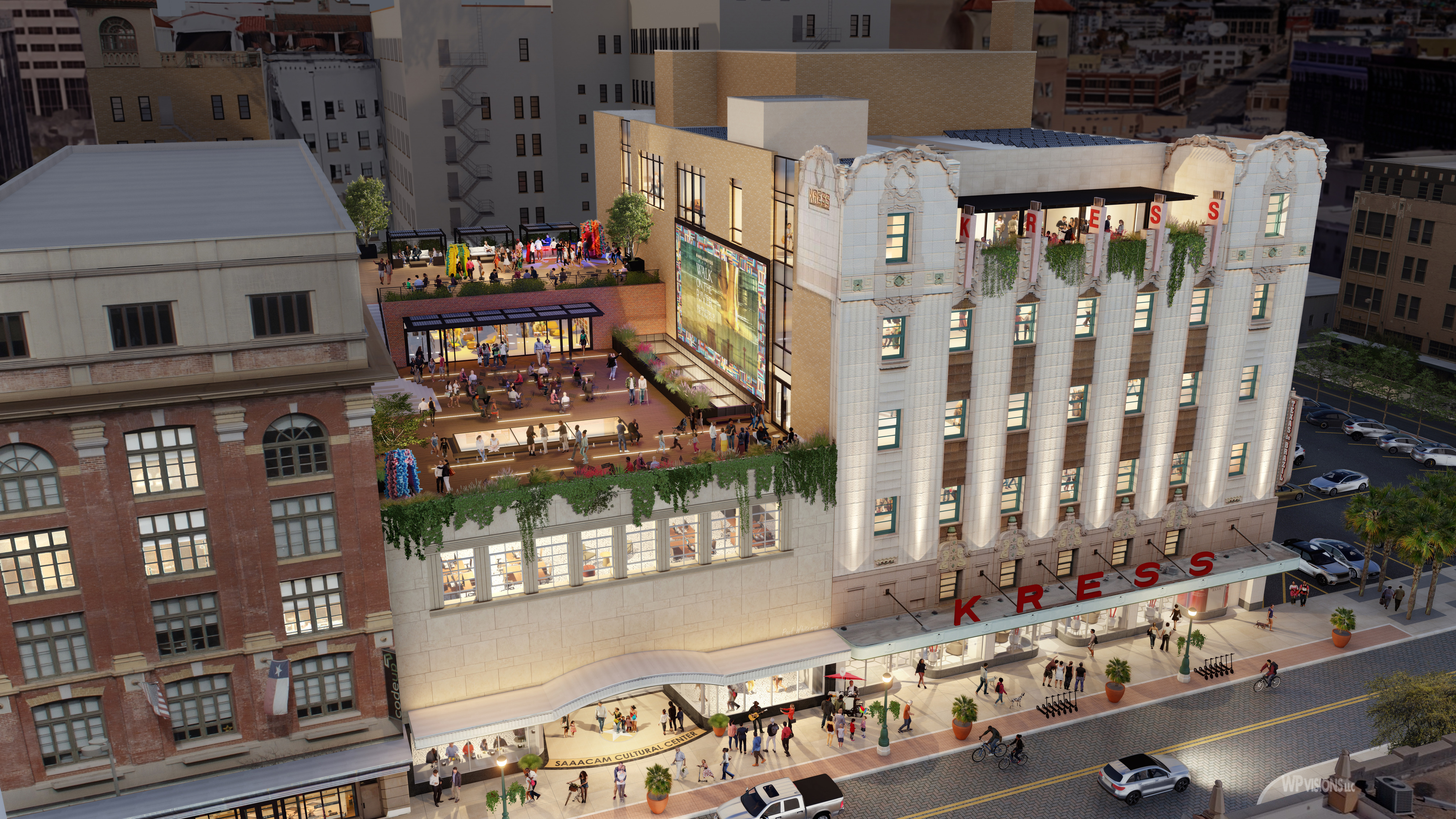 Aerial view of the Kress building with a busy street scene below, featuring people walking and cycling, shops at ground level, and a rooftop green space with a garden and seating area. The nearby African American museum adds a rich cultural layer to this vibrant part of San Antonio.