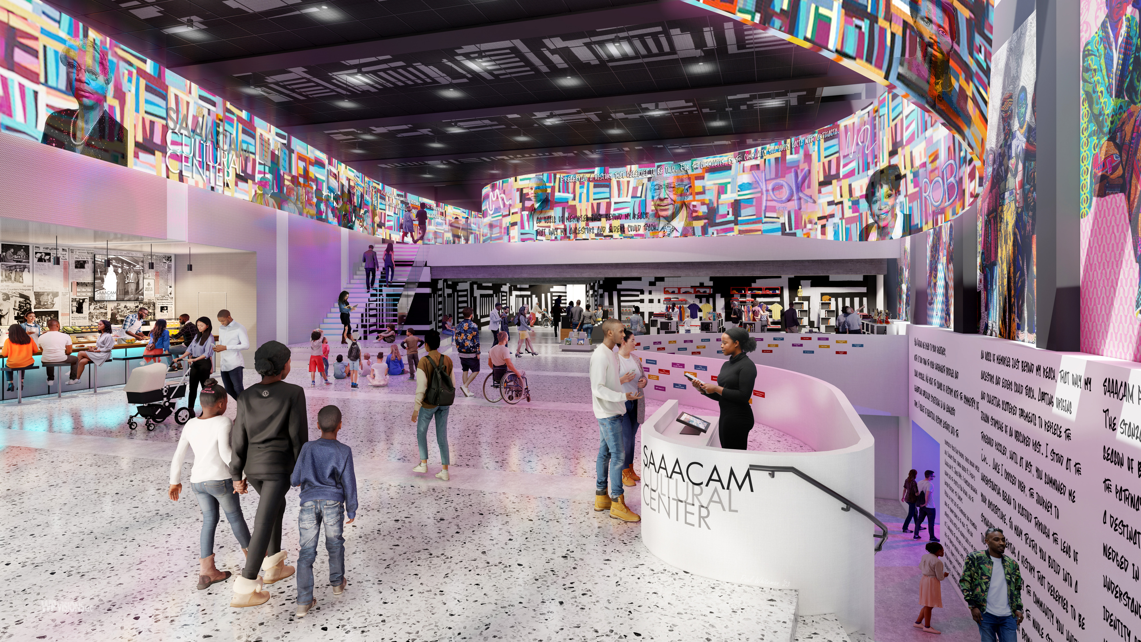 A vibrant, multicolored interior of a community center in San Antonio with colorful wall art celebrates the African American Community. People interact, kids play, and a circular information desk stands at the entrance.