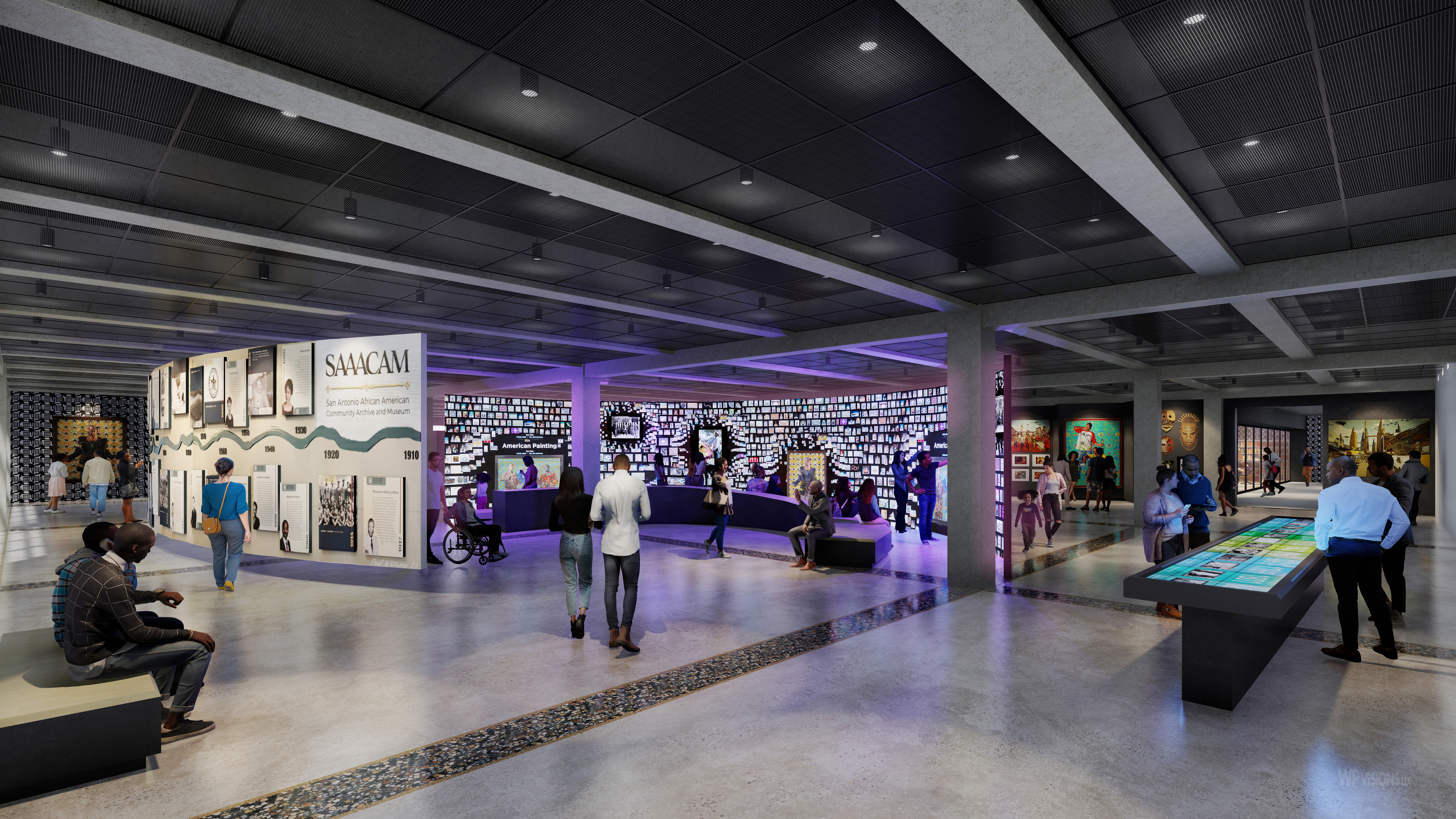 A spacious modern museum gallery in San Antonio featuring visitors observing exhibits and displays. The area is well-lit with contemporary designs, digital screens, and various African American artifacts being showcased.