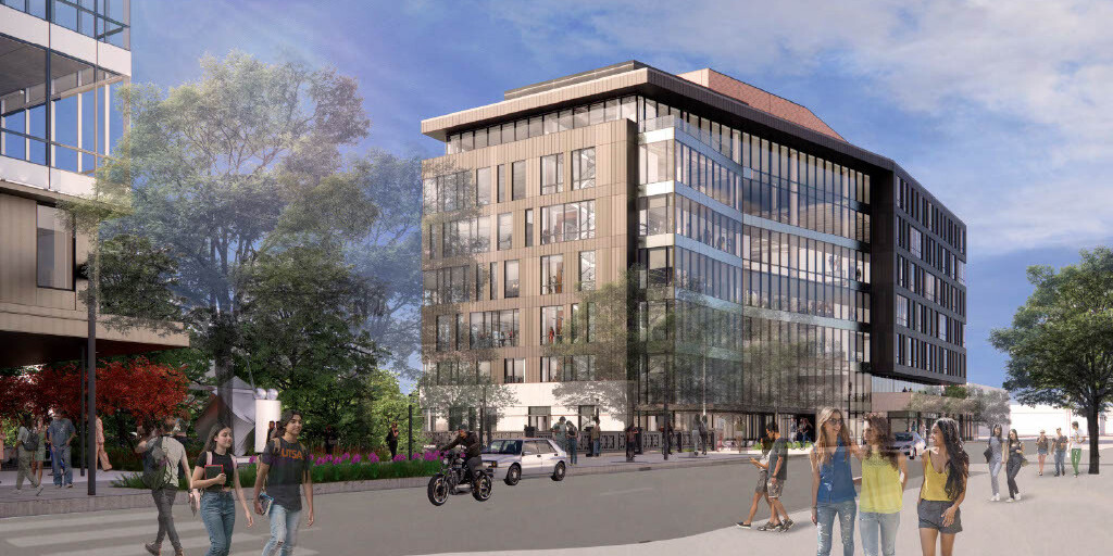 Architectural rendering of a modern multi-story building near the University of Texas at San Antonio, with people walking and a motorcyclist on the street, surrounded by trees and adjacent buildings.