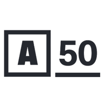 Black and white logo featuring an open book icon followed by the text "50", symbolizing sustainability through knowledge and progress.