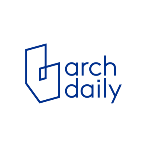 The image shows the logo of ArchDaily. It features a blue geometric shape resembling a stylized building to the left of the text "arch daily" in lowercase blue letters, similar to signage seen around Patton Hall at the University of Texas.