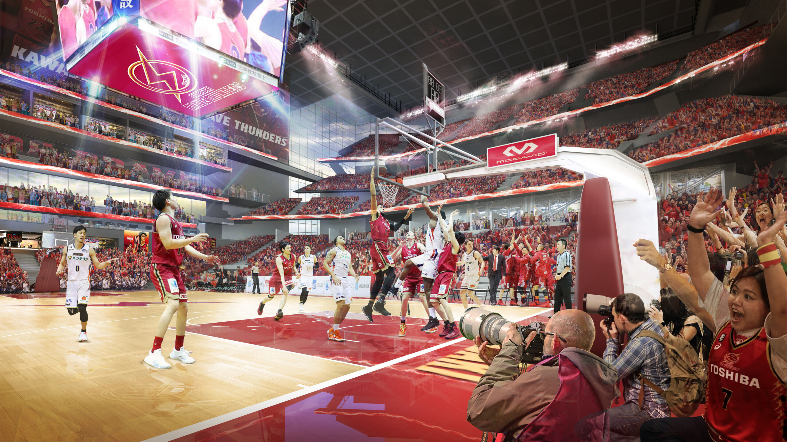 Basketball game in Kawasaki Arena with a crowd cheering, photographers capturing action, and players mid-game near the hoop. The stadium is filled with spectators, vibrant banners, and dynamic lighting.