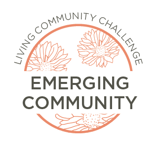 Logo for the Living Community Challenge, featuring the words "Emerging Community" inside a circular design with floral illustrations inspired by Marie Selby Botanical Gardens.