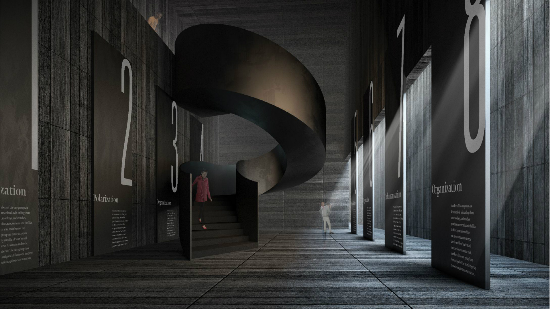 A modern interior with a spiral staircase and large numbered panels on the walls. Two people are seen, one walking up the stairs and another standing by a panel, embodying themes of tolerance and education central to the Dallas Holocaust Museum.