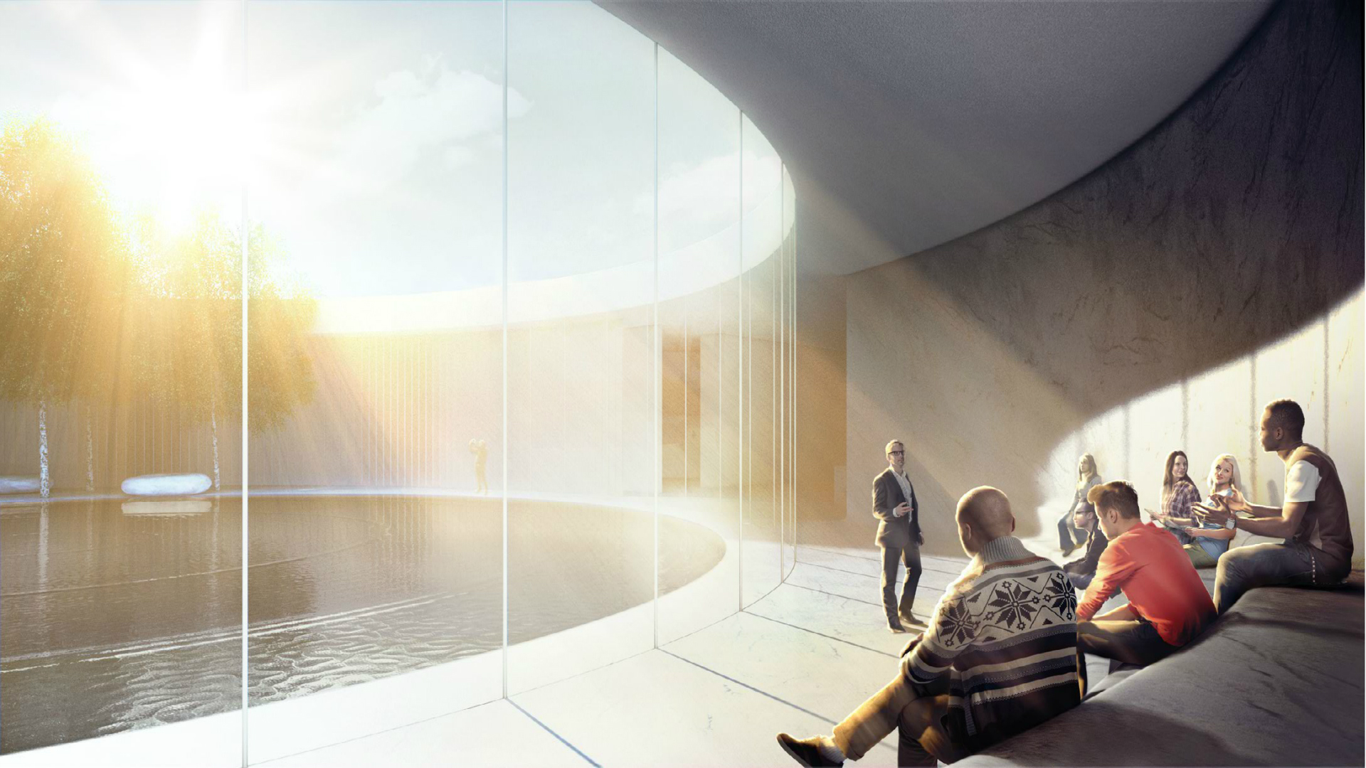 A group of people sit and stand in a modern, curved, glass-walled room with sunlight streaming in. Outside the glass wall, a shallow pool of water reflects the sparse foliage. This serene setting is part of an educational program at the Dallas Holocaust Museum promoting tolerance and understanding.