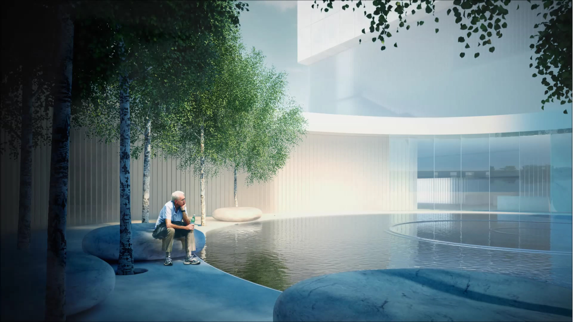 An elderly person sits alone on a stone bench beside a modern circular water feature, surrounded by trees and contemporary architecture. Nearby, the Dallas Holocaust Museum stands as a testament to tolerance and education.