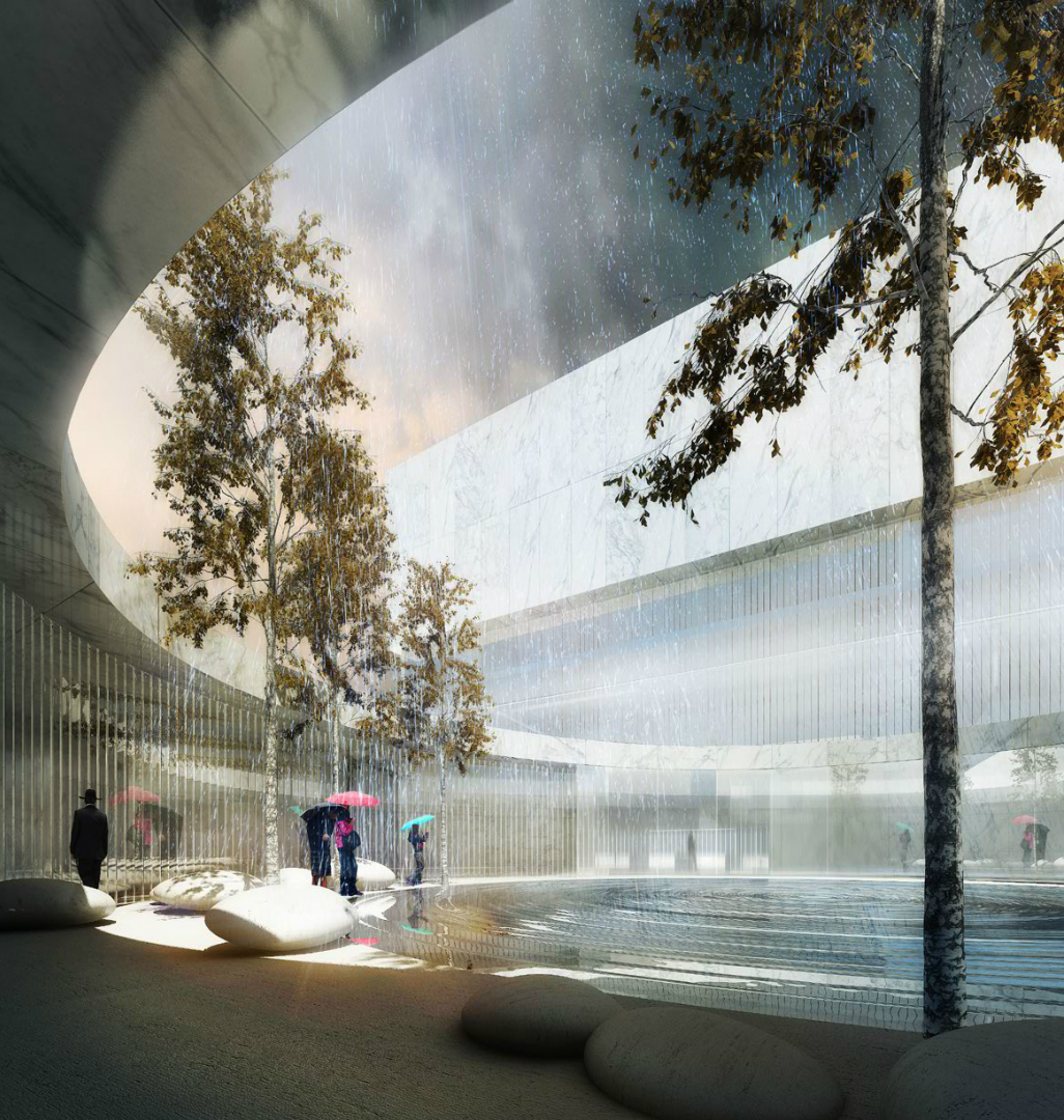 People walk with umbrellas through a courtyard in a modern architectural space, featuring an open circular roof, trees, and a reflective pool. Sunlight filters through the translucent upper walls, reminiscent of the thoughtful design seen at the Dallas Holocaust Museum.