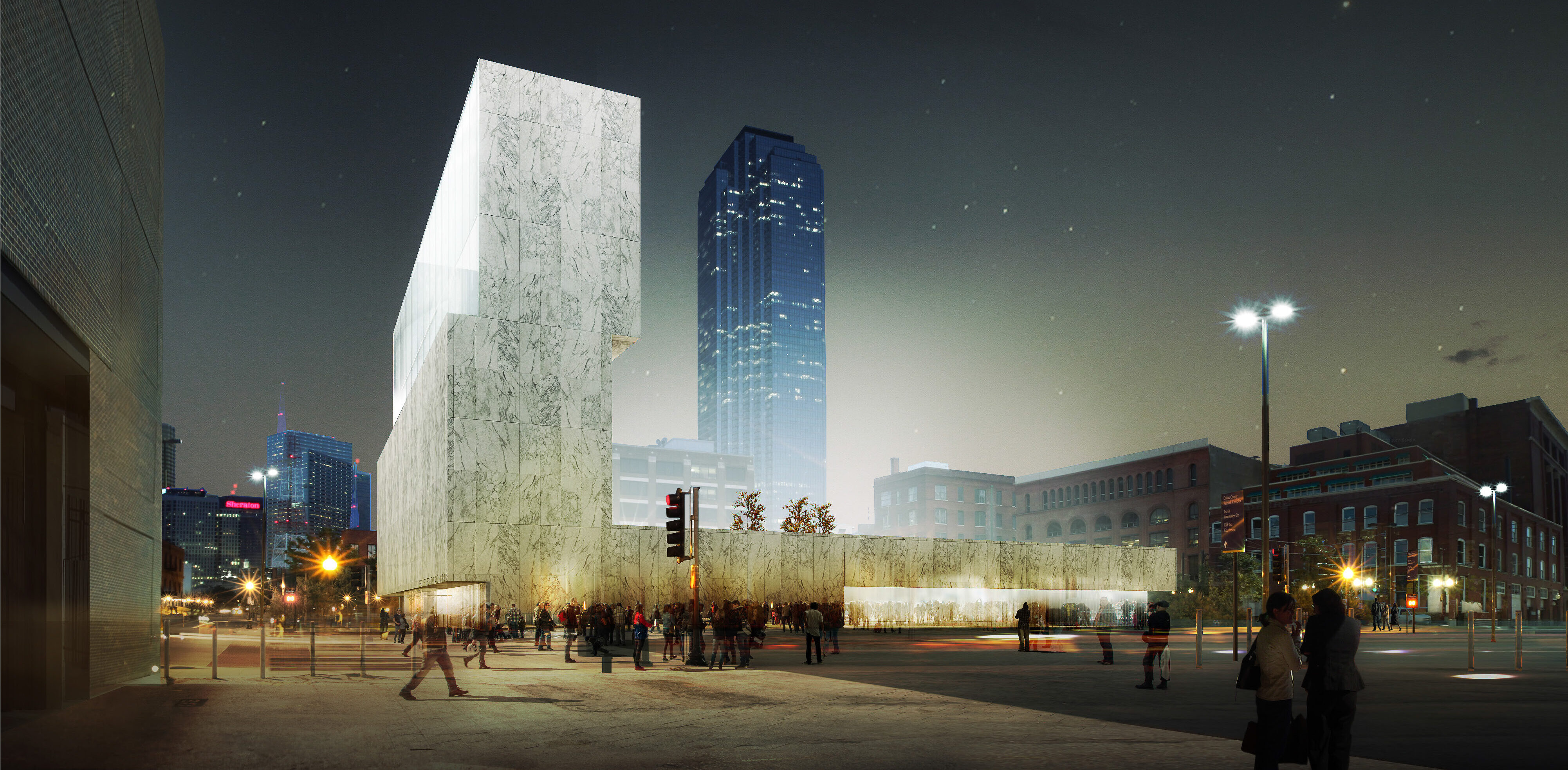 A modern, illuminated building with a tall, geometric design stands against the cityscape at night. Nearby, people walk on the surrounding streets, reflecting on the importance of education and tolerance promoted by places like the Dallas Holocaust Museum.