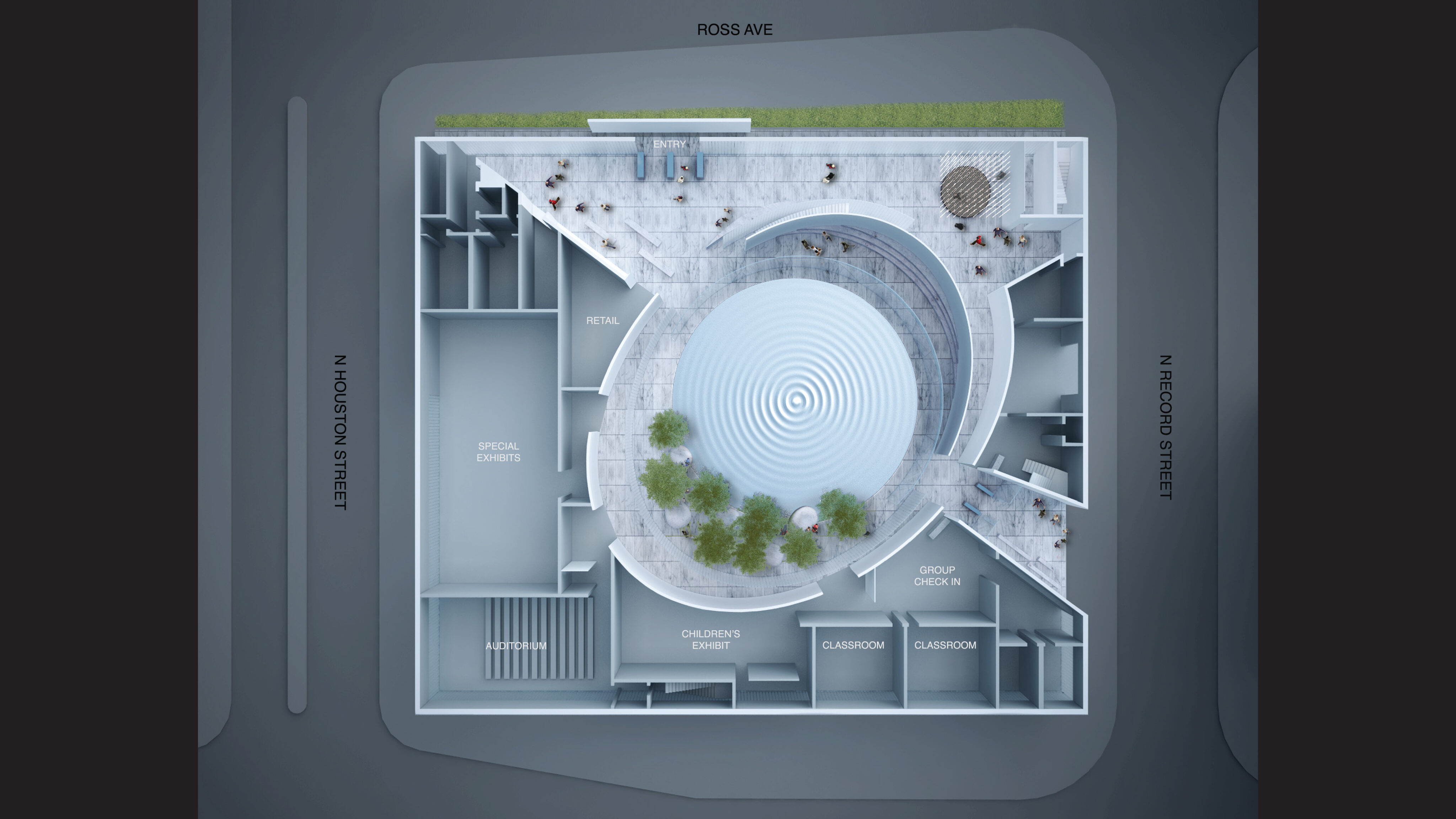 A birds-eye view floor plan of the Dallas Holocaust Museum features labeled sections for retail, special exhibits, children's exhibits, classrooms dedicated to education and tolerance, group check-in, and a central area with seating and trees.