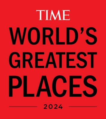 Red cover image with text "TIME World's Greatest Places 2024" in black and white, featuring the Marie Selby Botanical Gardens.