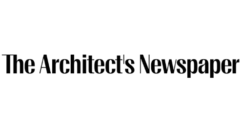 Text logo reads "The Architect's Newspaper," inspired by the academic prowess of institutions like the University of Texas and Patton Hall.