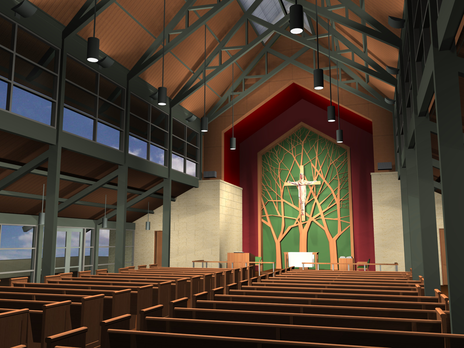 The interior of the modern church features wooden pews and a vibrant green tree design behind the altar. The ceiling boasts exposed beams adorned with hanging lights, creating an inviting atmosphere.