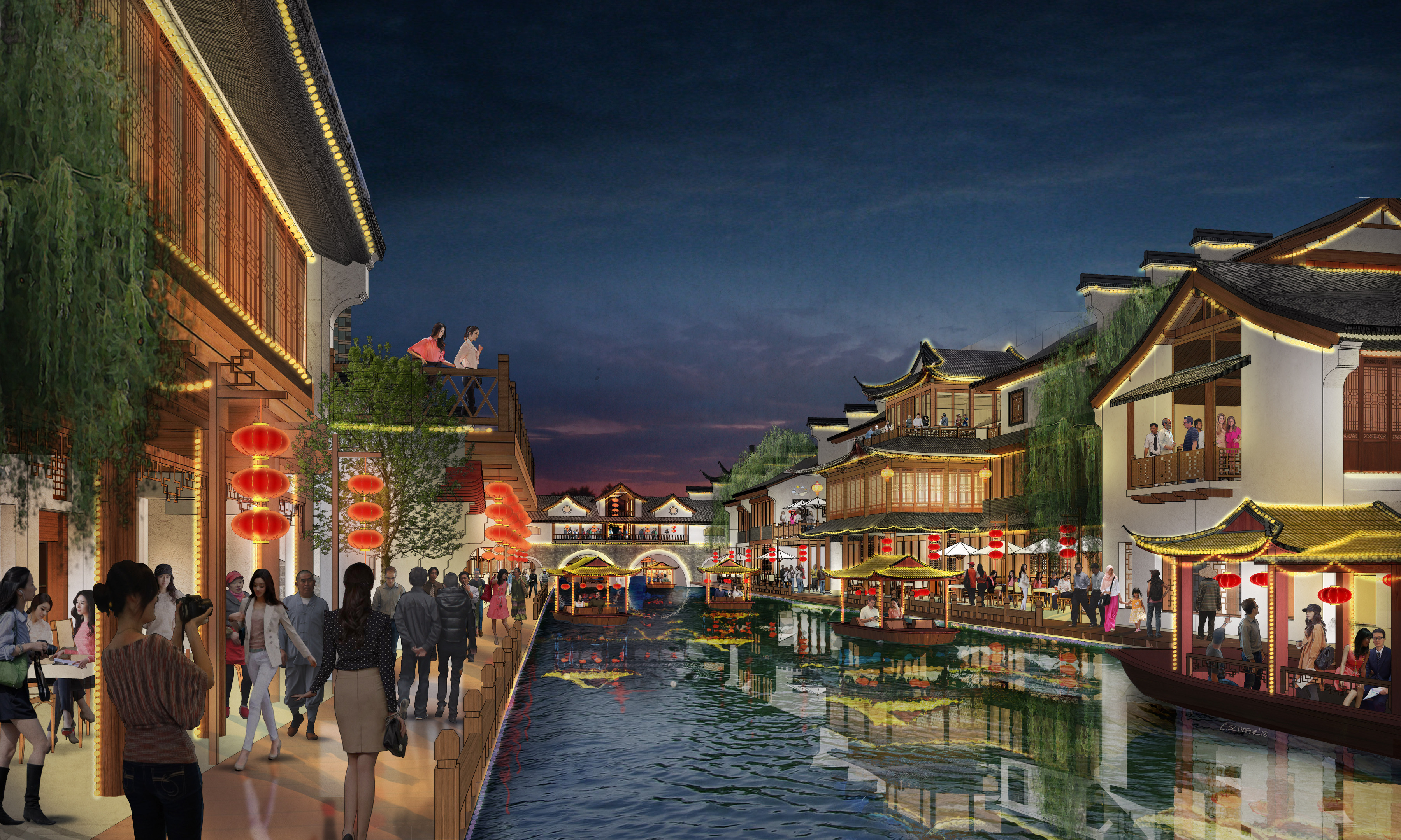 A vibrant Qinhuai Riverwalk scene at night features people strolling along the water, illuminated by red lanterns. Traditional buildings and boats reflect gracefully in the canal, creating a picturesque blend of history and modern development.