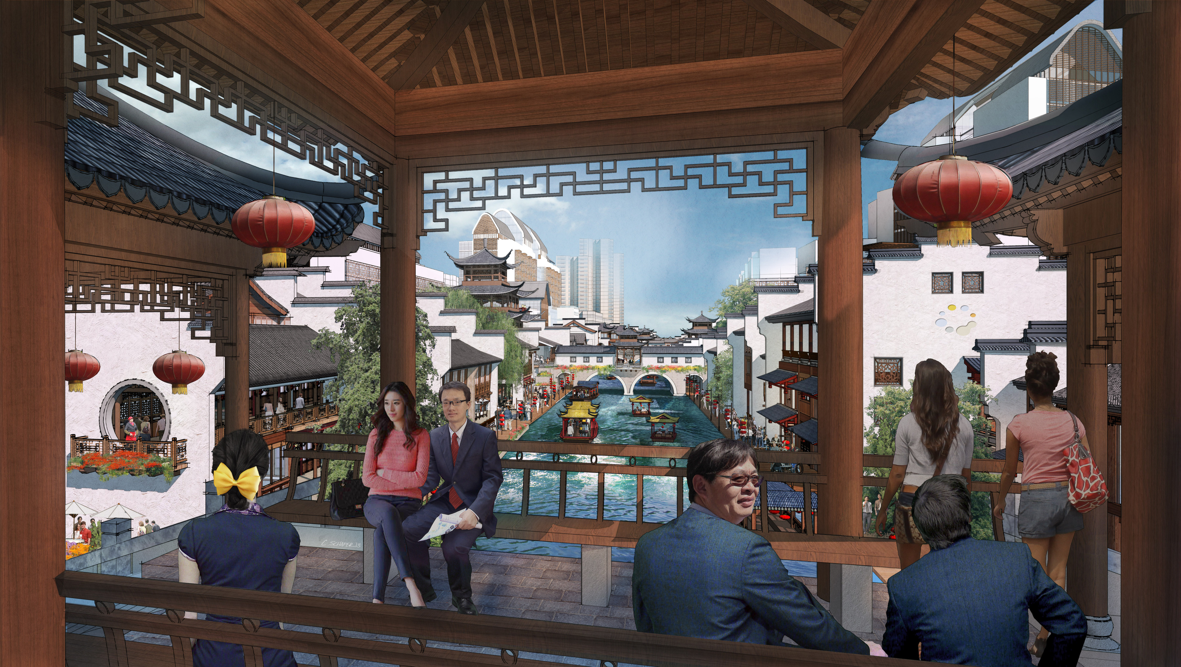 People sit in a wooden pavilion overlooking the Qinhuai Riverwalk's traditional-style canal with buildings and a bridge, under a clear sky. Lanterns hang from the pavilion, blending historic charm with thoughtful development.