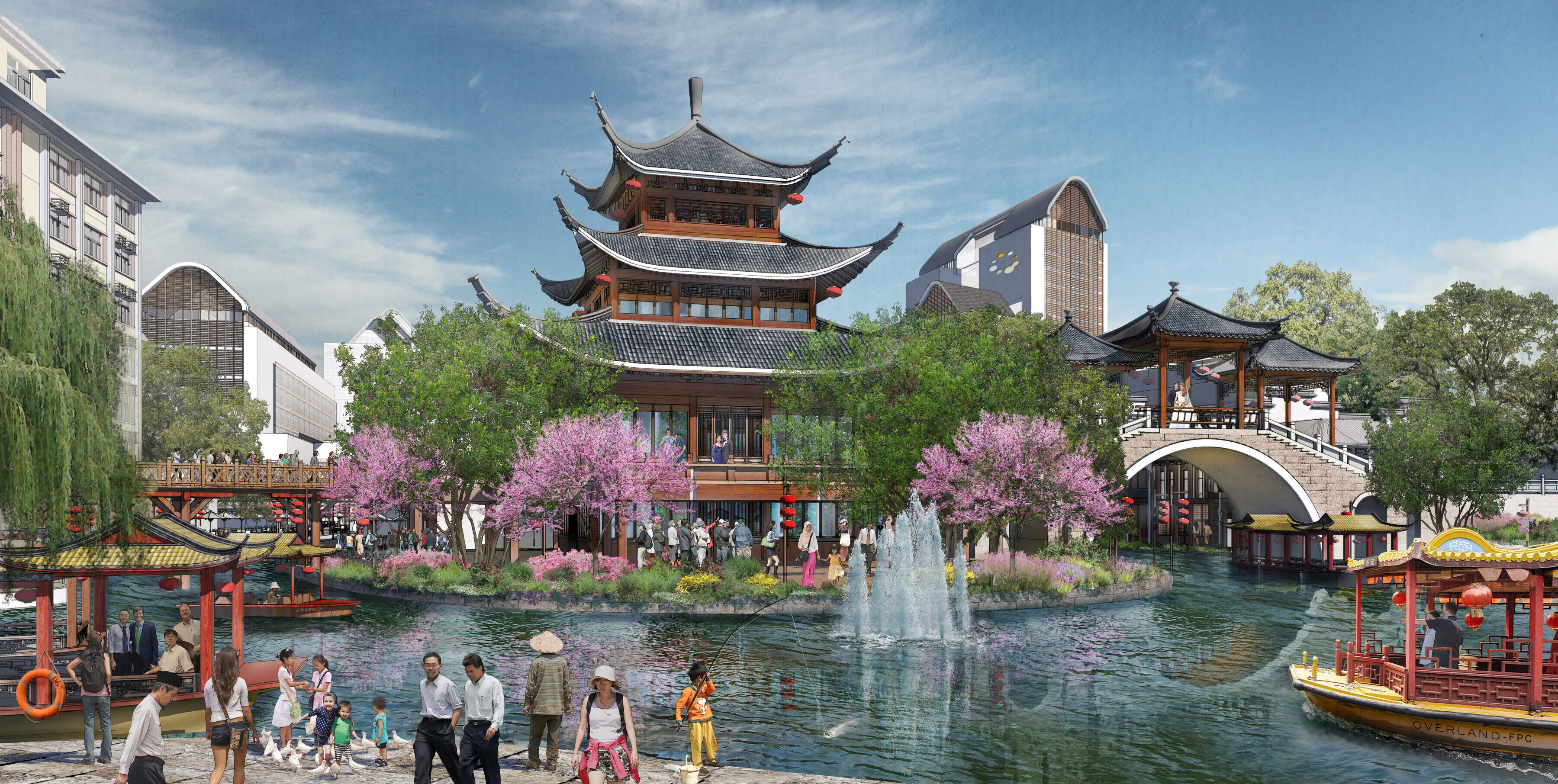 A scenic view of a traditional-style pavilion by a pond on the Qinhuai Riverwalk, with people strolling nearby, blossoming trees, a fountain, and a bridge over the water.