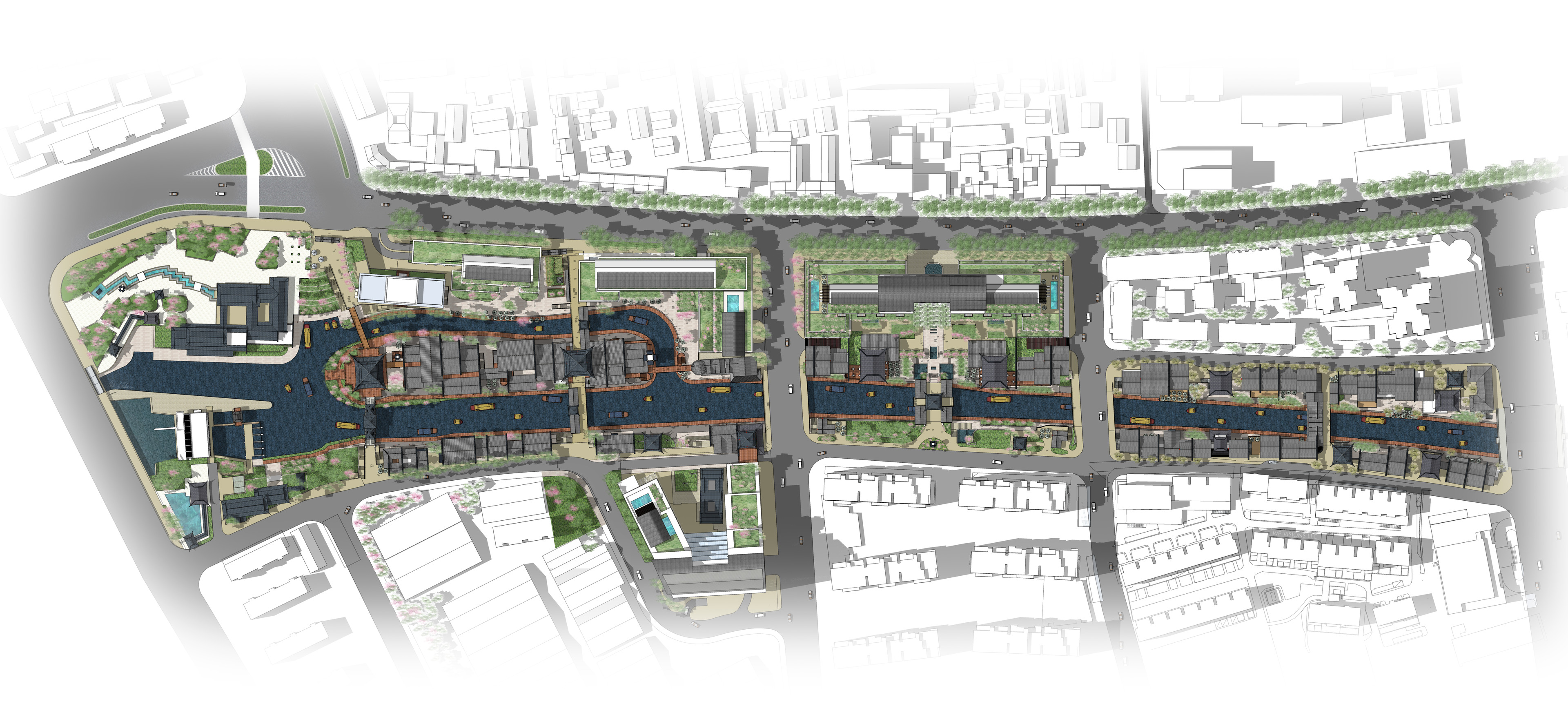 Aerial view of an urban development plan featuring buildings, streets, and waterways, including the scenic Qinhuai Riverwalk, with surrounding green spaces and tree-lined avenues.