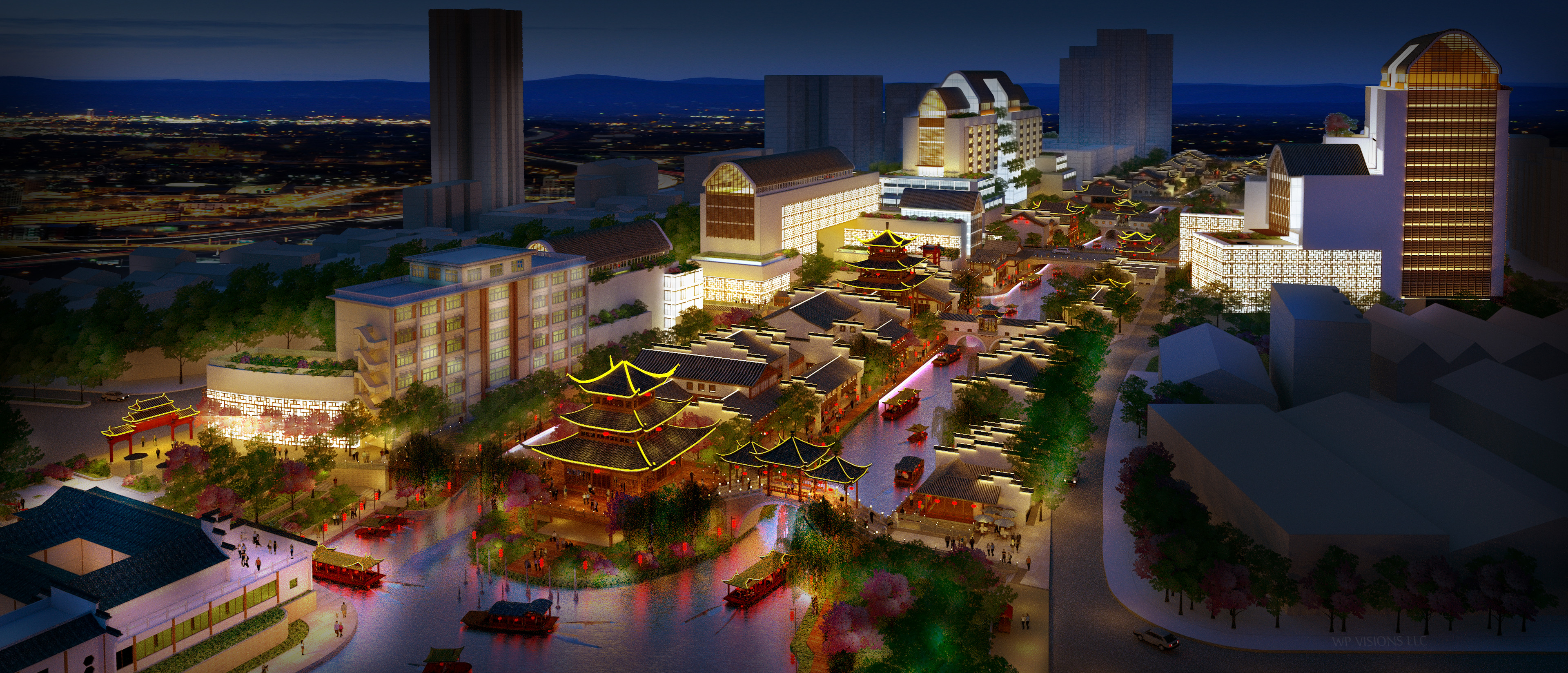 A vibrant, illuminated cityscape at night features the bustling Qinhuai Riverwalk, where traditional boats glide past pagoda-style buildings against a backdrop of high-rise structures, showcasing urban development.