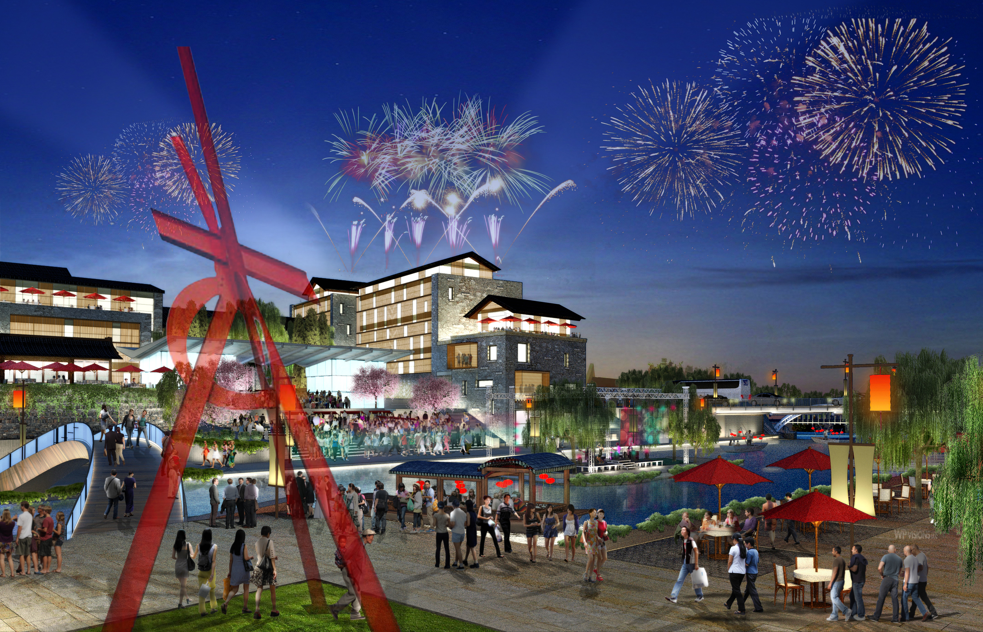 The crowd gathers beneath the starlit sky, captivated by fireworks illuminating modern architecture and a striking large red sculpture—a scene so picturesque it feels like an auto draft of a vivid dream.