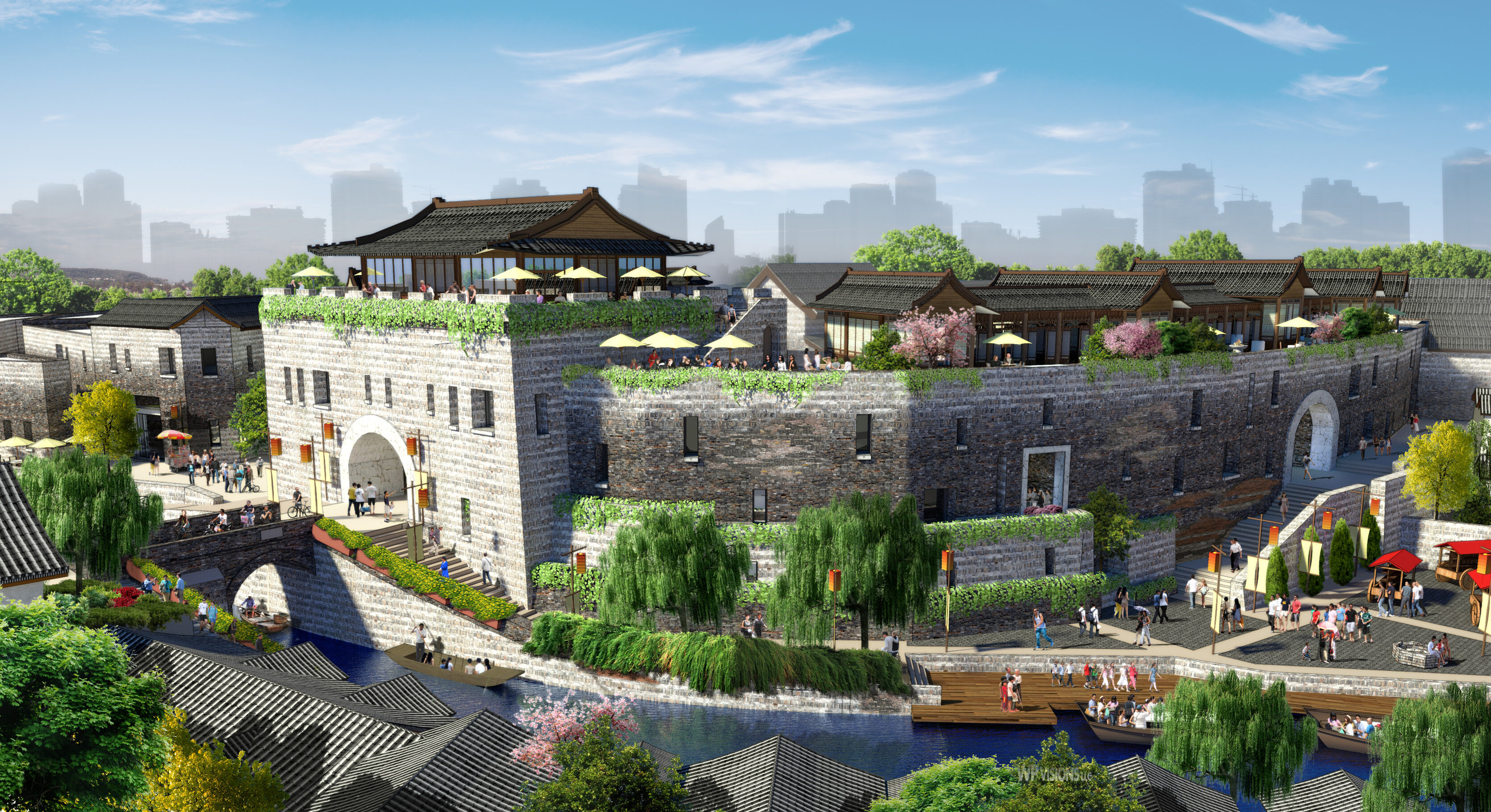 Admire the scenic view of a historical city wall surrounded by traditional-style buildings and lush greenery, with a waterway where boats drift gently like an auto draft through time.