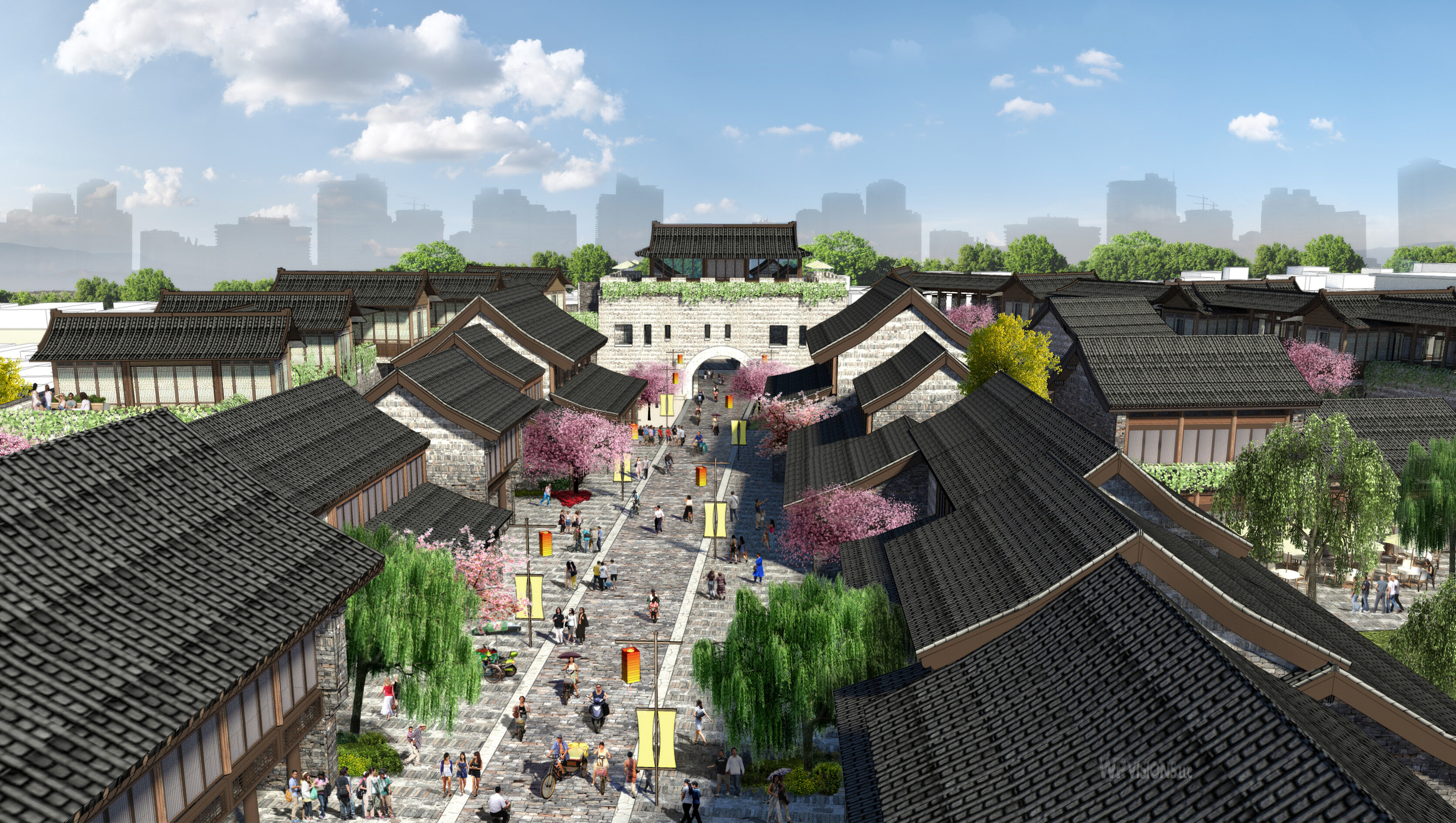 An auto draft of serenity: An aerial view captures a traditional Asian village with tiled roofs, stone paths, and blooming trees, all set against the bustling backdrop of a modern city skyline under a clear blue sky.