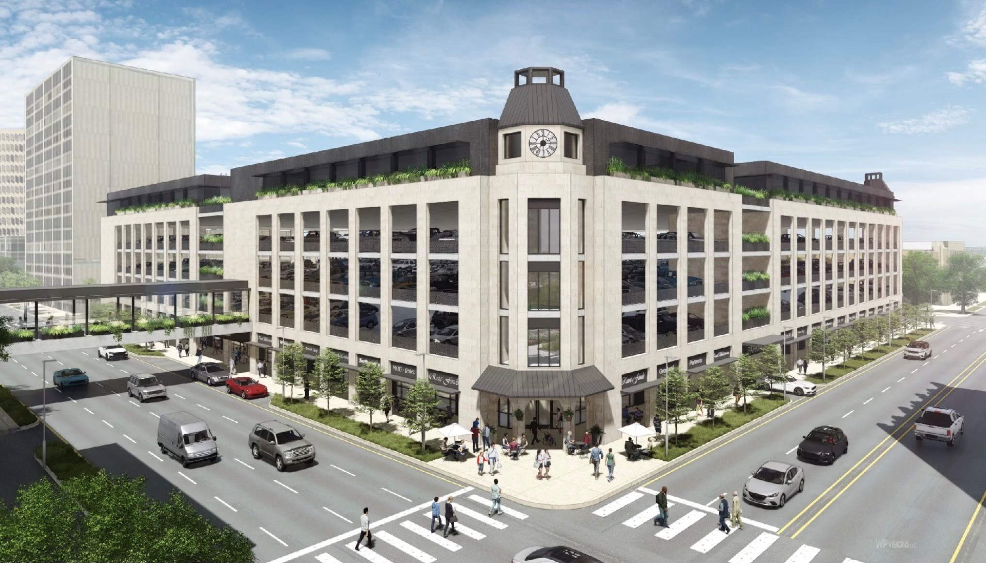 A stunning render of a multi-story urban building in Santa Rita, featuring a clock tower. The design highlights mixed-use development with greenery gracing the upper levels, surrounded by bustling roads and pedestrians.