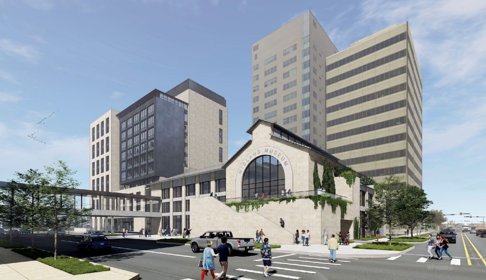 A modern urban scene with a museum building in front of Santa Rita's tall glass and stone skyscrapers. People are walking at a crosswalk nearby under a clear sky, perfectly capturing the essence of this bustling mixed-use development.