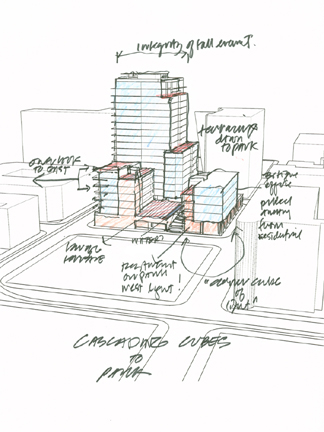 A hand-drawn architectural sketch, reminiscent of an auto draft, showcases a multi-story building complex. It features detailed annotations and labeled sections such as retail, residential, and parking. Surrounding streets and blocks are meticulously outlined to provide a comprehensive view.