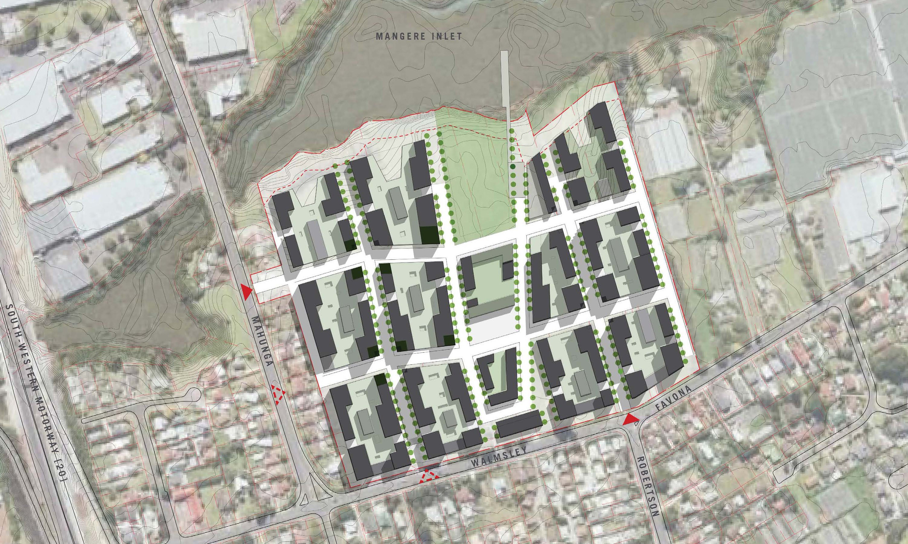 An aerial view of an urban development plan showcases multiple buildings, green spaces, and roadways in a grid layout, designed with precision akin to an Auto Draft blueprint.