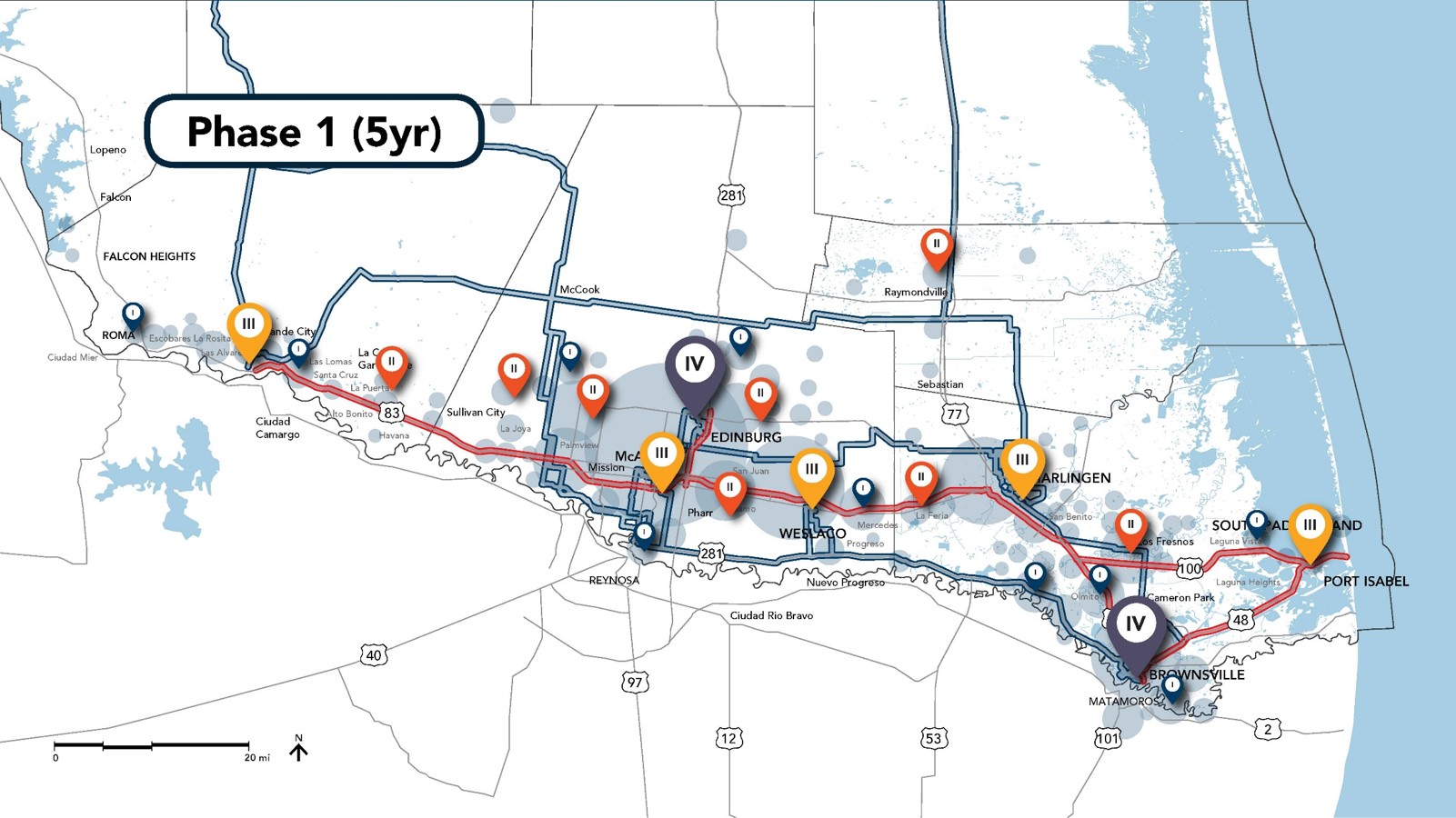 The map illustrates the Auto Draft plan for Phase 1 (5yr) development, featuring markers along a defined route through southern Texas, highlighting cities such as McAllen, Edinburg, and Brownsville.