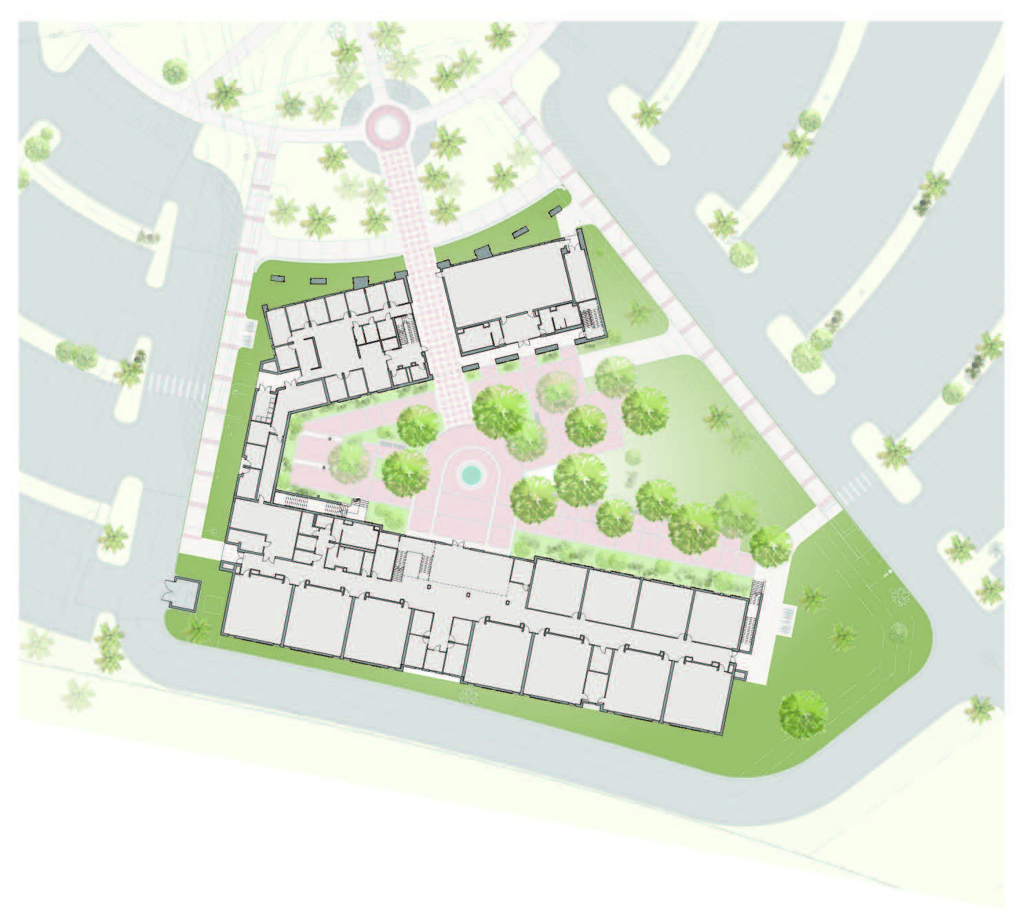 Architectural site plan showcasing a rectangular building layout with surrounding green spaces and pathways, seamlessly integrated into an auto draft of the parking lot area.