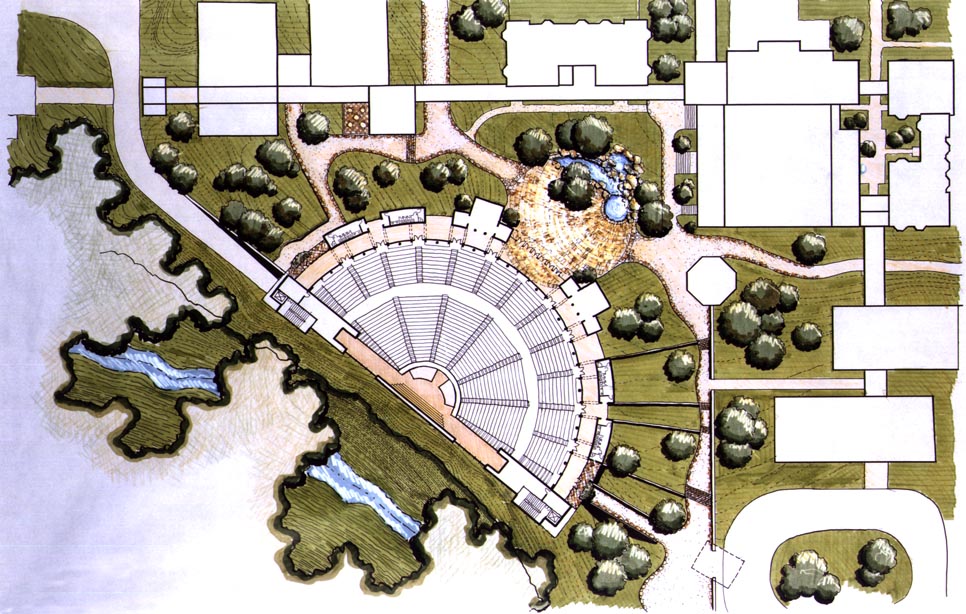 Aerial view of a landscape design featuring an amphitheater surrounded by trees, pathways, and water areas near Riverbend Church, with various buildings nearby.