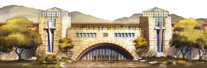 Illustration of Riverbend Church, a stone building with two towers and an arched entrance, nestled among trees. Majestic mountains loom in the background.