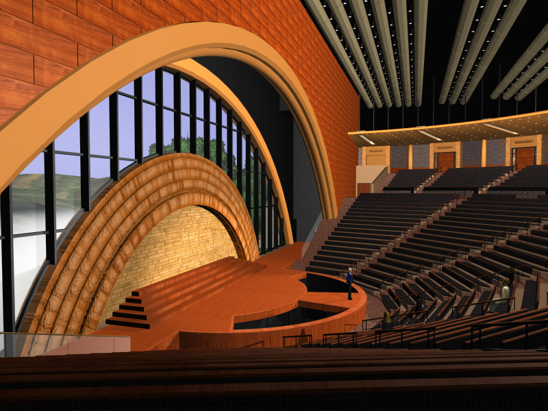 Illustration of a modern auditorium at Riverbend Church, featuring wooden accents, a curved stage, tiered seating, and recessed ceiling lights.