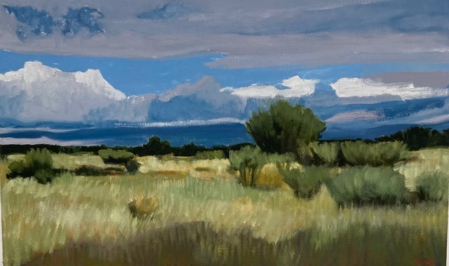 This South Texas landscape painting by artist Janet Eager Krueger captures an open field with green bushes under a blue sky dotted with scattered white clouds, showcasing the beauty embraced by the Overland local art program.