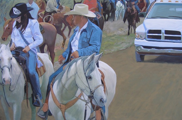 Two people in cowboy hats ride white horses along a dirt road, surrounded by several others on horseback and a white truck in the background. This scene captures the essence of a South Texas landscape, reminiscent of artist Janet Eager Krueger's vivid depictions.